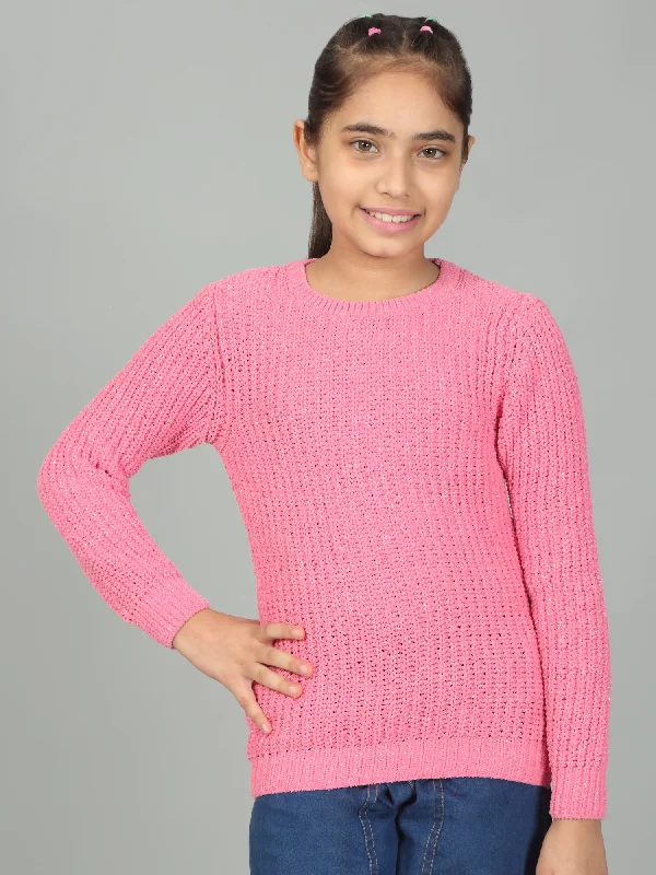 Girls Casual Self Design Fuchsia Full Sleeves Sweater