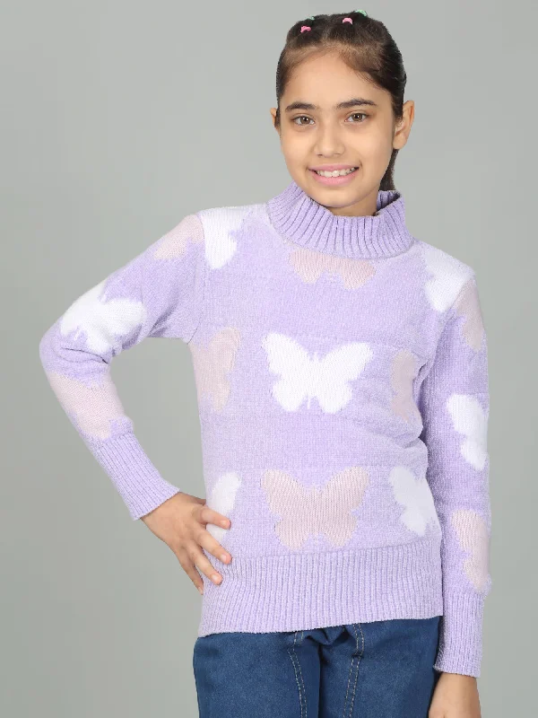 Girls Casual Self Design Lavender Full Sleeves Sweater