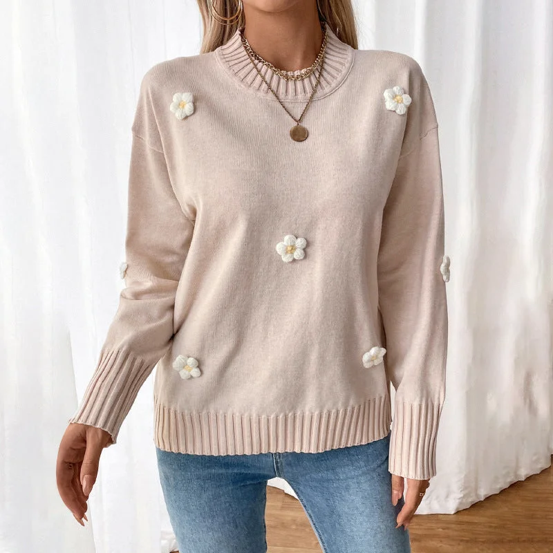 Floral Decor Knit Pullover Crew Neck Sweater Wholesale Womens Clothing N3824091200043