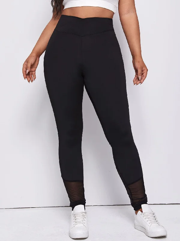 Plain Contrast Mesh Long Plus Size Leggings