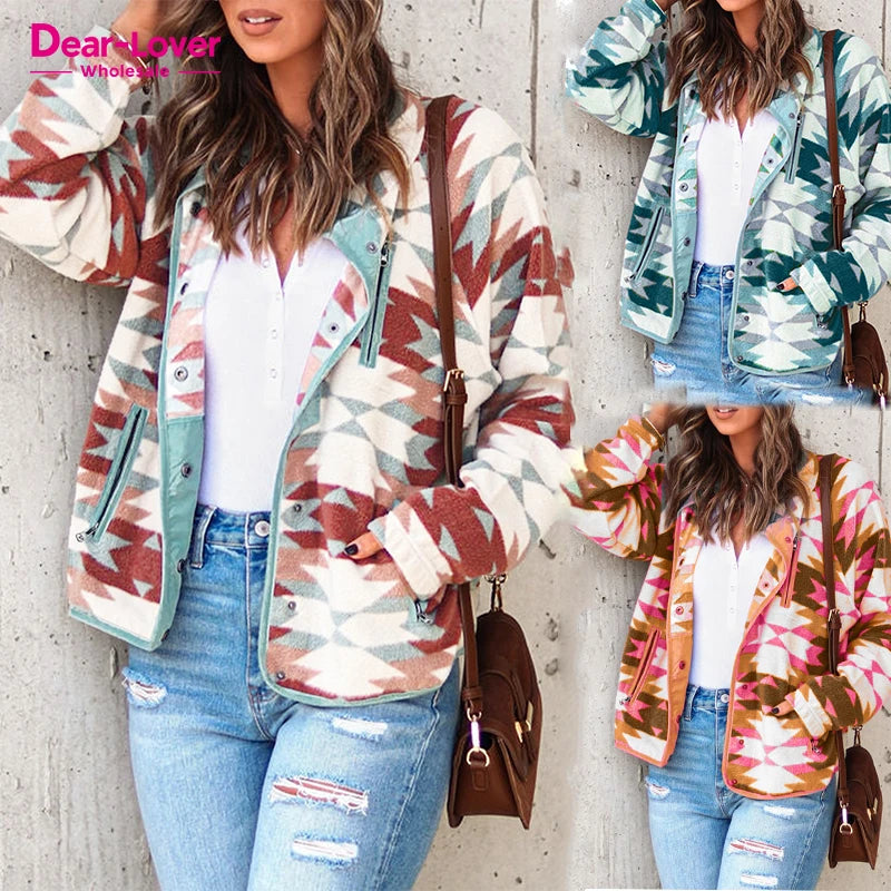 Dear-Lover Private Label Chaquetas De Mujer Western Clothing Women Aztec Buttoned Zipper Pockets Fleece Jacket