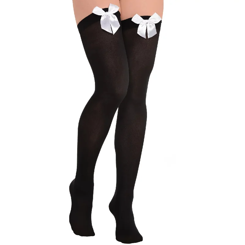 Black Thigh Highs with White Satin Bow - Adult Standard