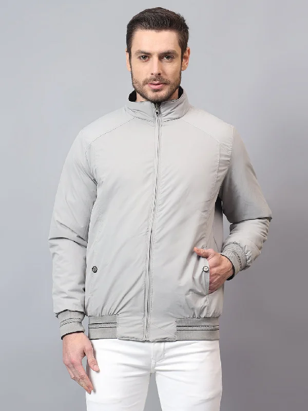 Men's Grey Solid Mock Neck Winter Reversible Jacket