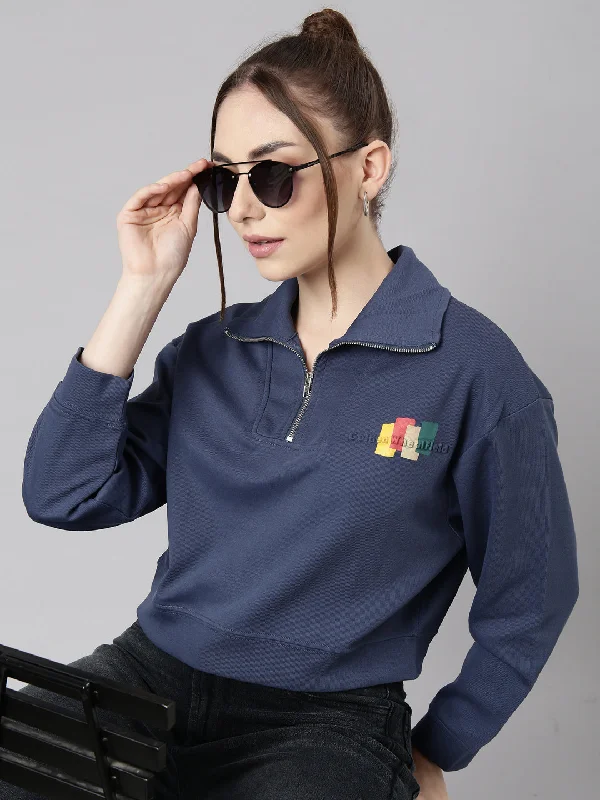 Women Blue Solid Front-Open Oversized Crop Sweatshirt