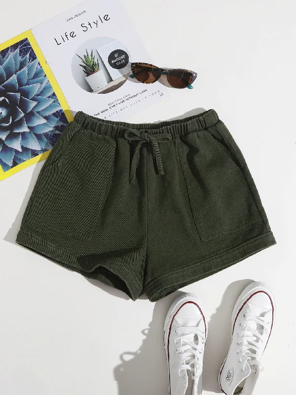 Casual Plain Pocket High Waist Women Shorts