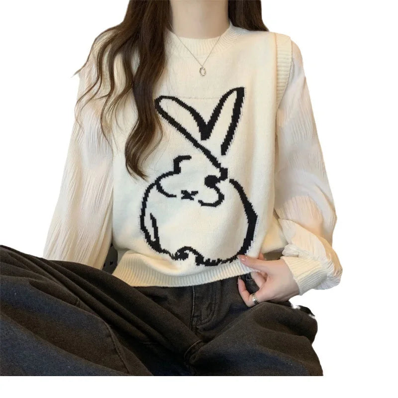 2024 Spring and autumn high-quality best-selling crewneck long sleeve loose solid color rabbit jacquard knitted pullover sweater