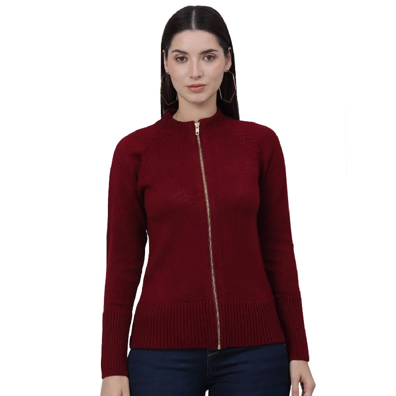 Women's Solid Maroon Mock Neck Full Sleeves Casual Sweater