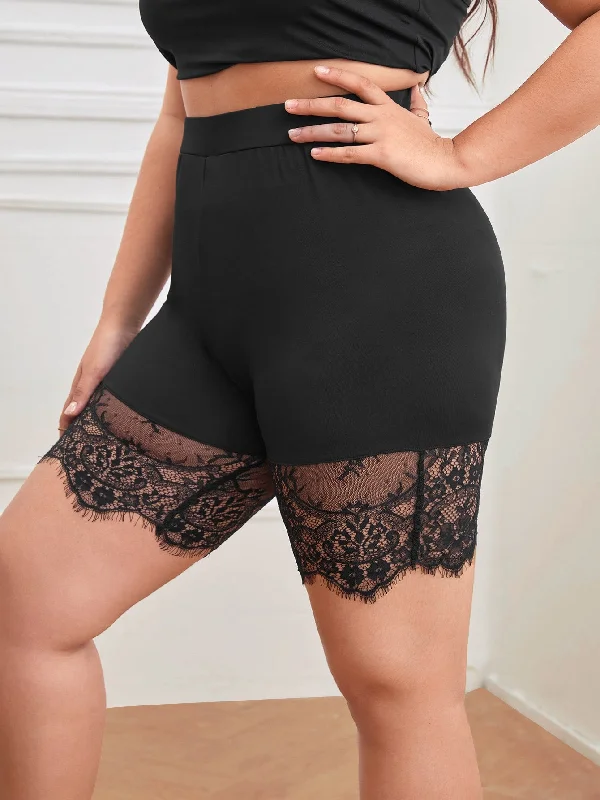 Plain Contrast Lace Short Plus Size Leggings