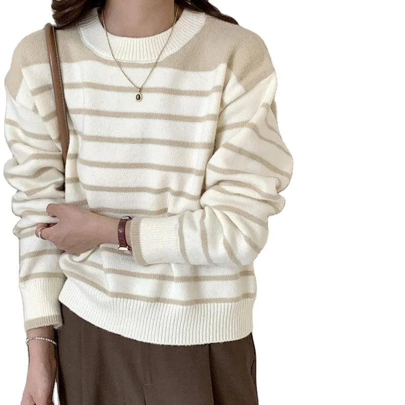 2024 Spring and autumn new arrival high quality girls crew neck long sleeve striped loose jacquard knit pullover sweater