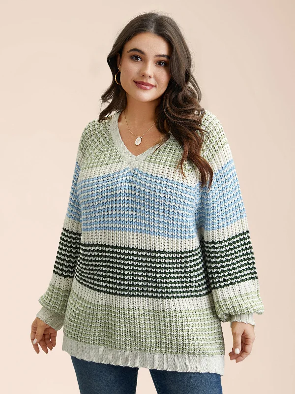 Color-Block Textured Balloon Sleeve Pullover