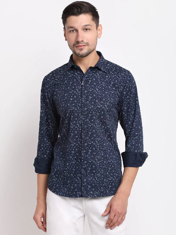 Men's Printed Navy Blue Spread Collar Full Sleeves Party Wear Shirt