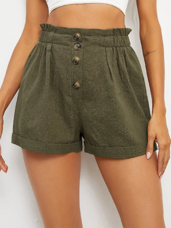 Casual Plain Paper Bag Waist High Waist Women Shorts