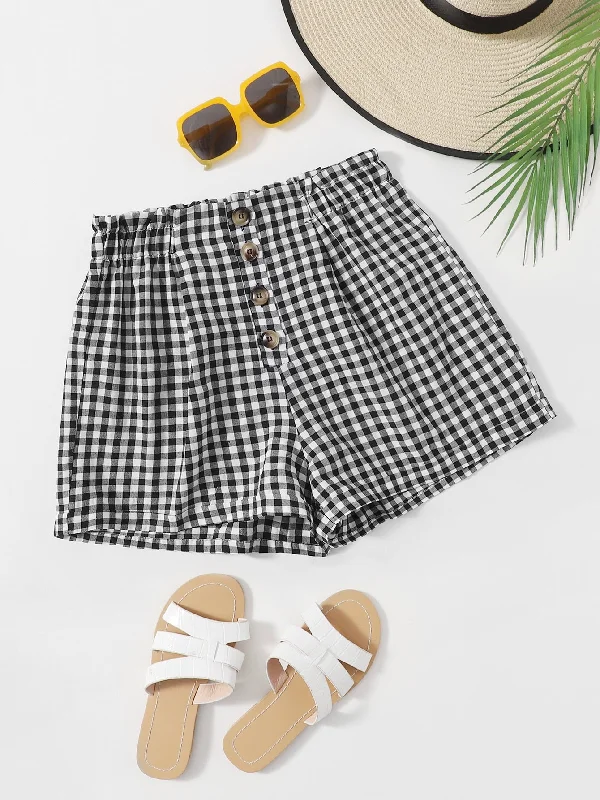 Casual Gingham Button Front High Waist Women Shorts