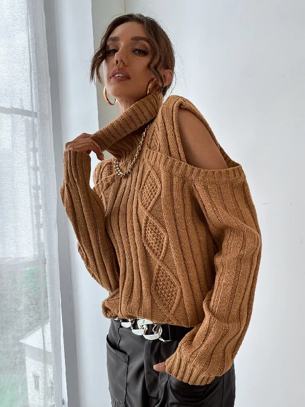 Casual Plain Cut Out Long Sleeve High Neck Regular Women Sweater