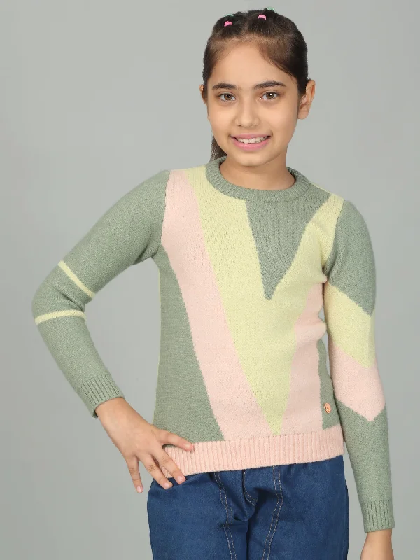 Girls Casual Self Design Green Full Sleeves Sweater