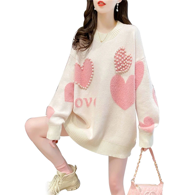 2024 Spring Autumn New Arrival fashion women  loose  young ladies lazy style Pearl sweater