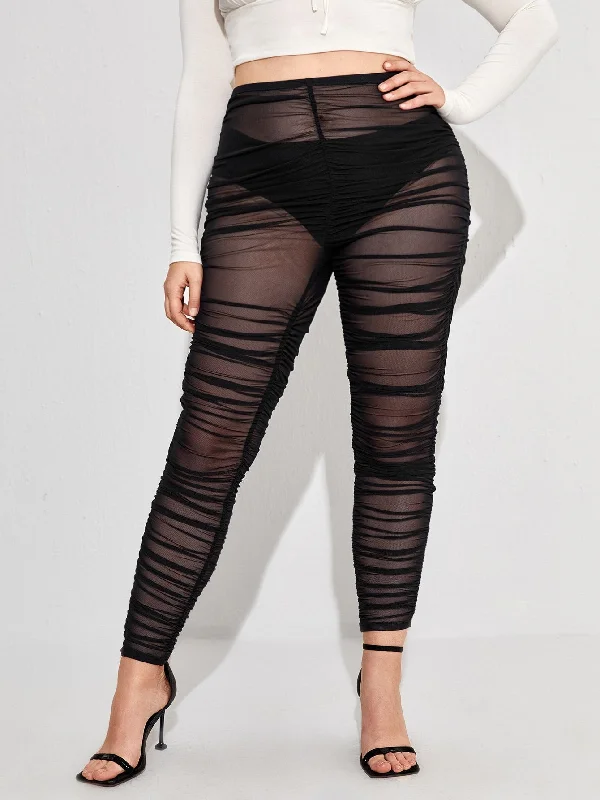 Plain Sheer Cropped Plus Size Leggings