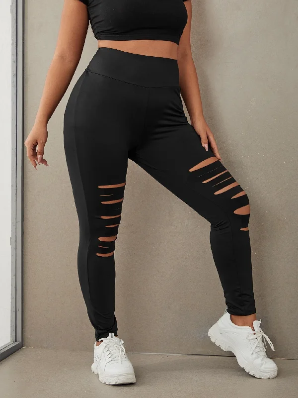 Plain Ripped Long Plus Size Leggings