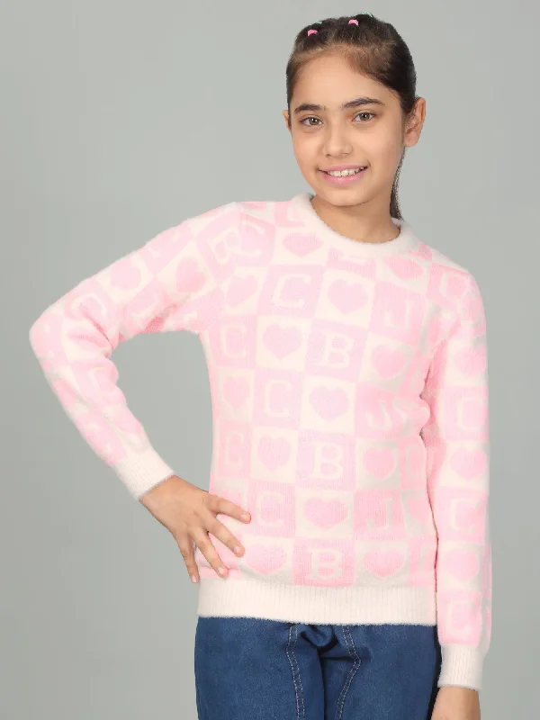 Girls Casual Self Design Pink Full Sleeves Sweater