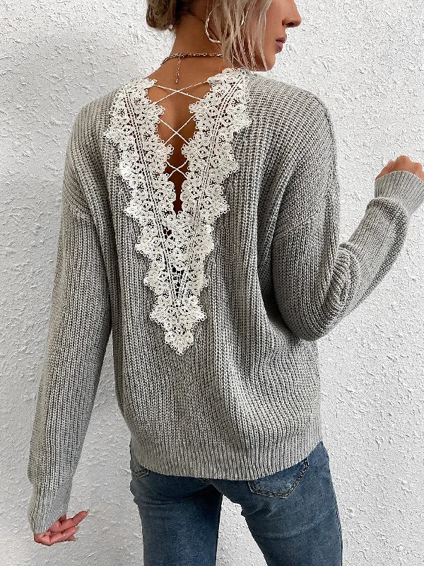 Casual Colorblock Contrast Lace Long Sleeve V Neck Regular Women Sweater