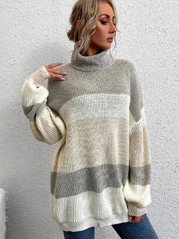 Casual Colorblock Long Sleeve High Neck Long Women Sweater