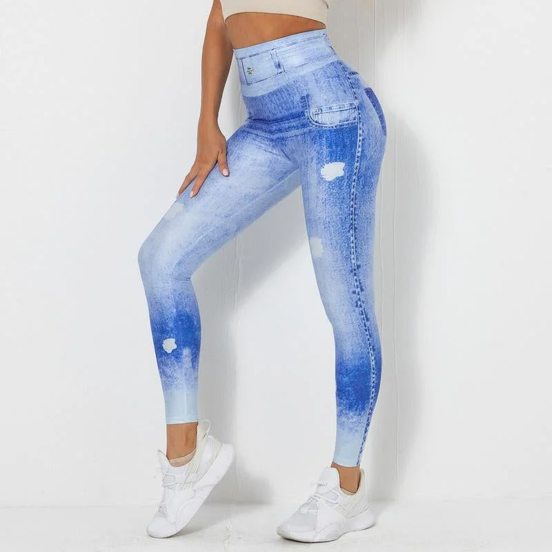 Printed Blue Tight Sports Running Fitness Yoga Pants Wholesale Leggings