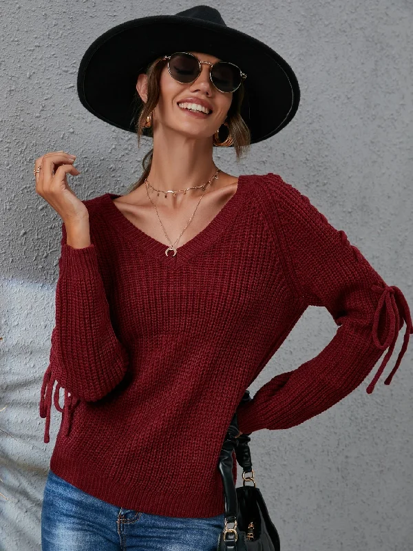 Casual Plain Lace Up Long Sleeve V Neck Regular Women Sweater