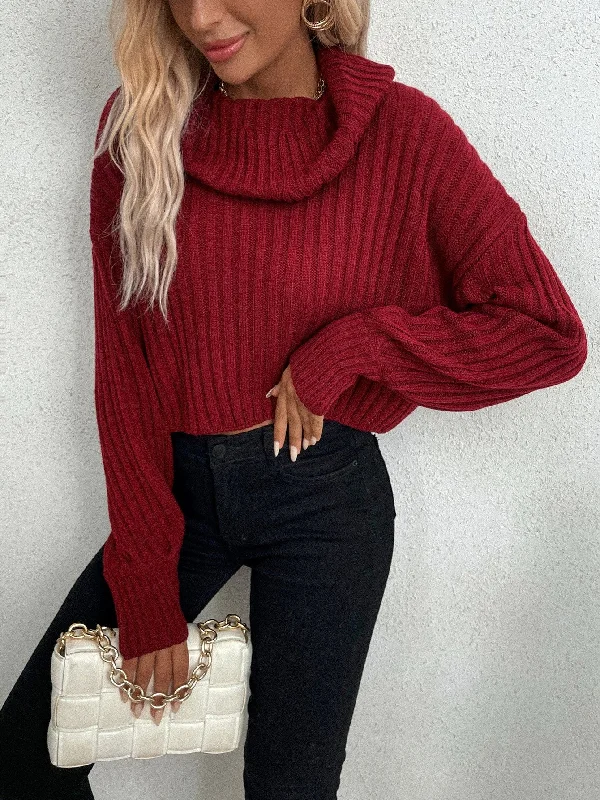 Casual Plain Rib-Knit Long Sleeve Cowl Neck Crop Women Sweater