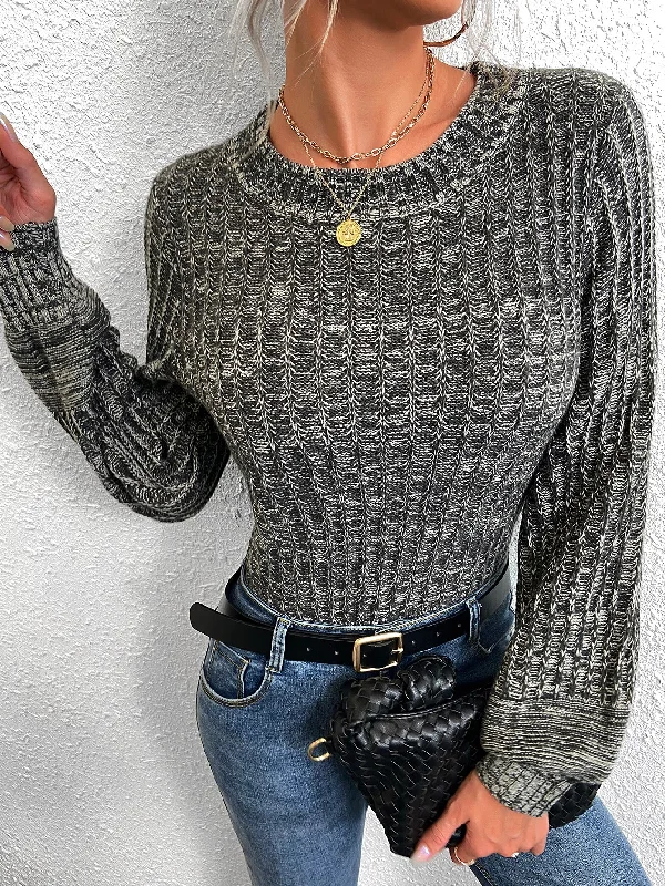 Casual Plain Rib-Knit Long Sleeve Round Neck Regular Women Sweater