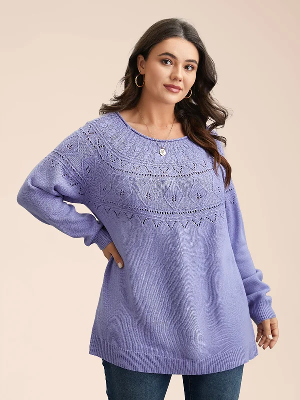 Eyelet Trim Cable Knit Round Neck Pullover