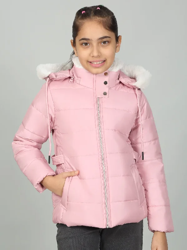 Girls Pink Solid Hooded Jacket