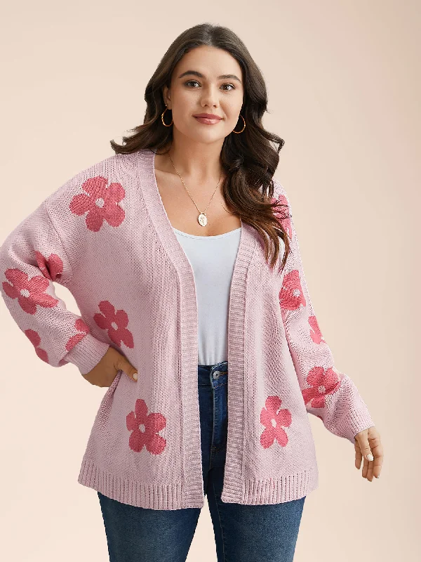 Floral Jacquard Ribbed Hem Knit Cardigan