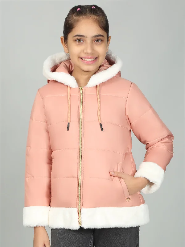 Girls Peach Solid Hooded Jacket