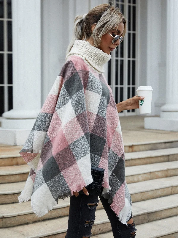 Casual Plaid Long Sleeve High Neck Long Women Sweater