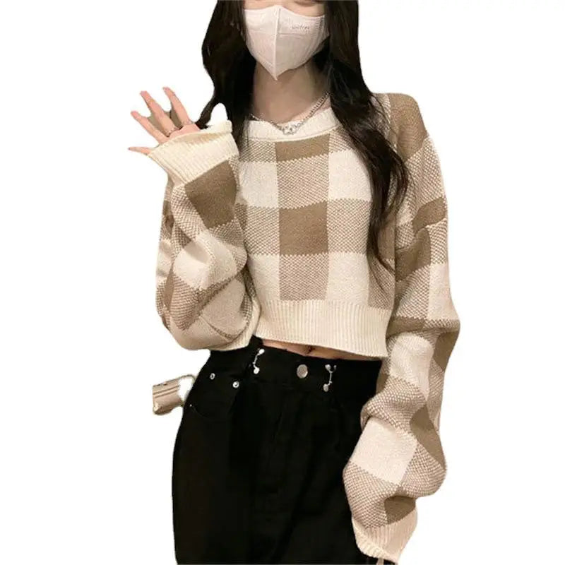 Spring autumn fashion ladies new arrival round neck high-quality simple plaid jacquard long sleeve solid color pullover sweater