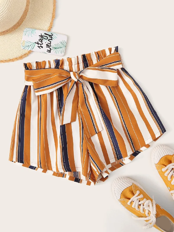 Casual Striped Paper Bag Waist Natural Women Shorts