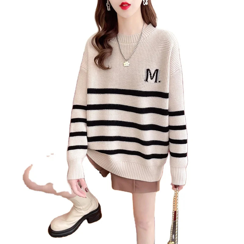 2024 New arrival spring and autumn high-quality fashion women's cheap crew neck striped loose knit boutique pullover sweater