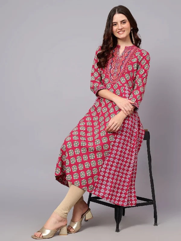 Women's Dark-Pink Floral Printed Band Collar Regular Fit 3/4 Sleeves Kurti