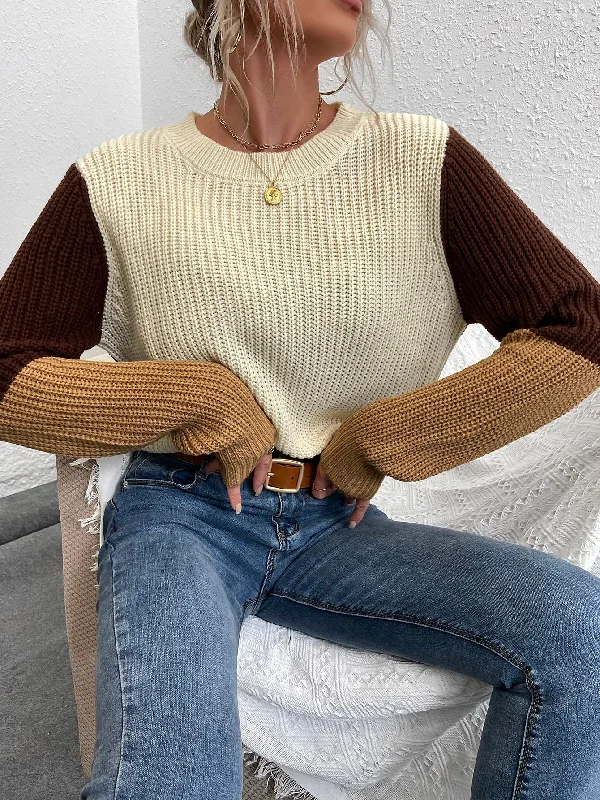 Casual Colorblock High Low Long Sleeve Round Neck Regular Women Sweater