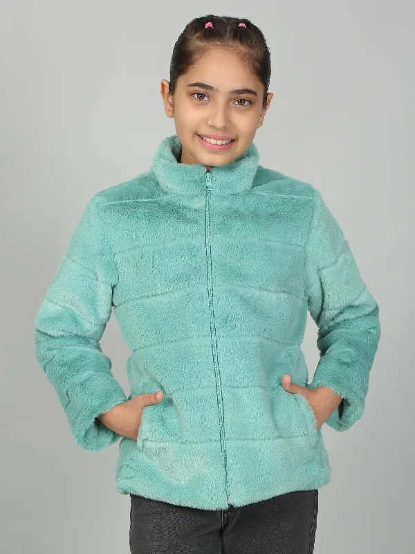 Girls Sea Green Solid Mock Neck Jacket