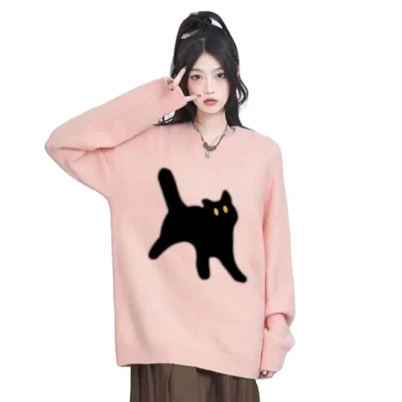 2024 spring and fall new arrivals best-selling girls' regular loose crew-neck kitten print cartoon knit pullover sweater