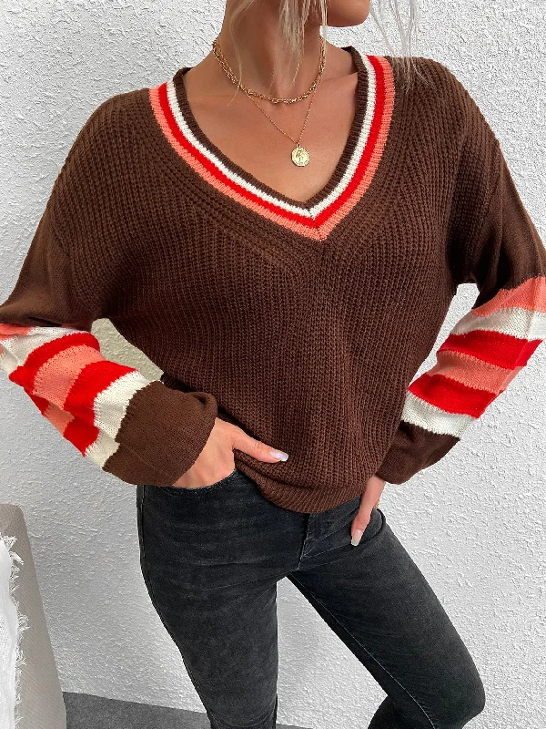 Preppy Colorblock Long Sleeve V Neck Regular Women Sweater