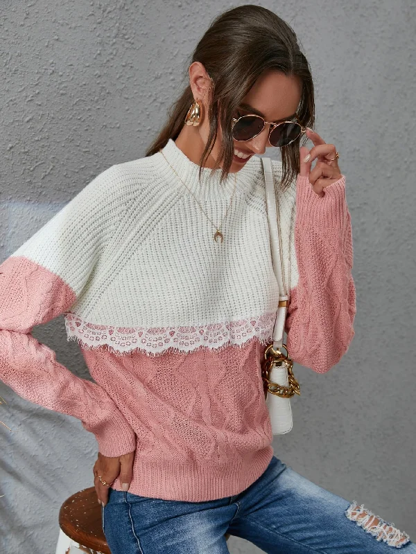 Casual Colorblock Contrast Lace Long Sleeve Stand Collar Regular Women Sweater