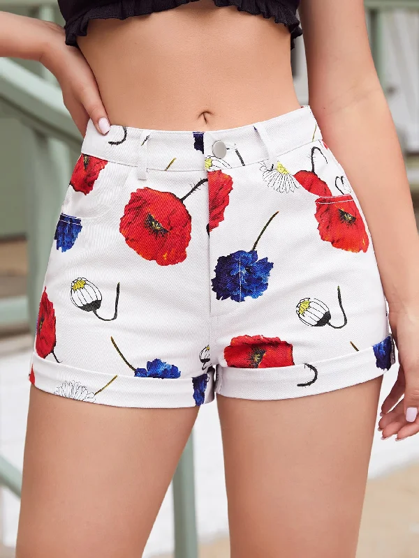 Casual Floral Zipper Natural Women Shorts