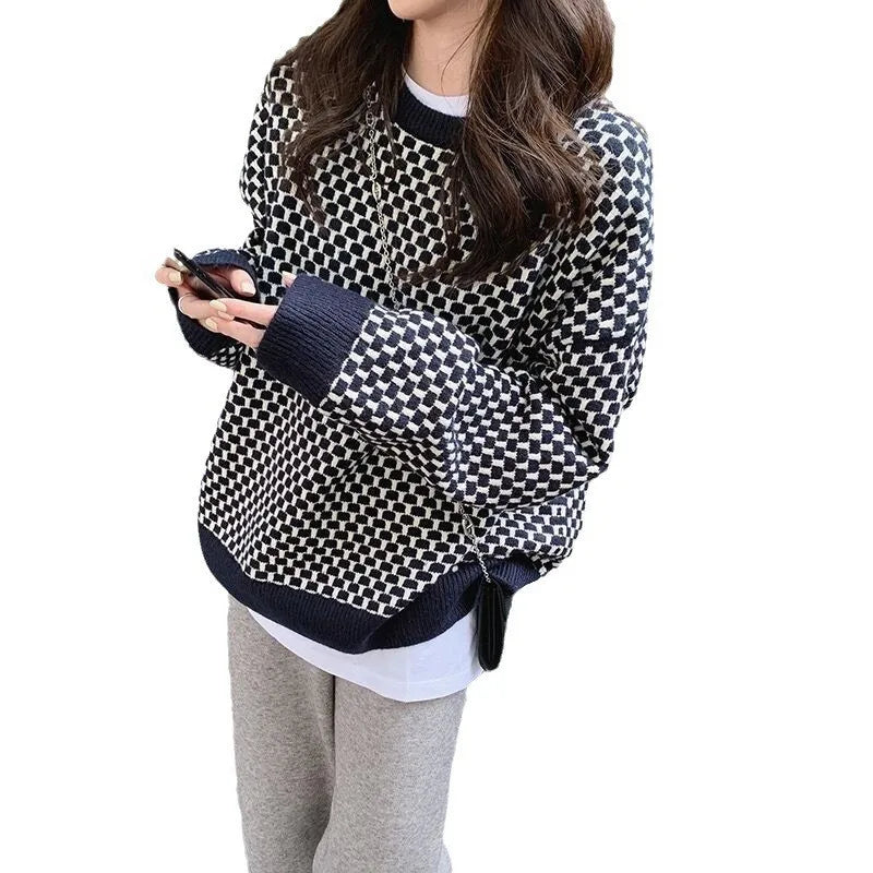 2024 Spring fashion women's new arrival crew-neck high-quality plaid jacquard long-sleeved solid color pullover sweater