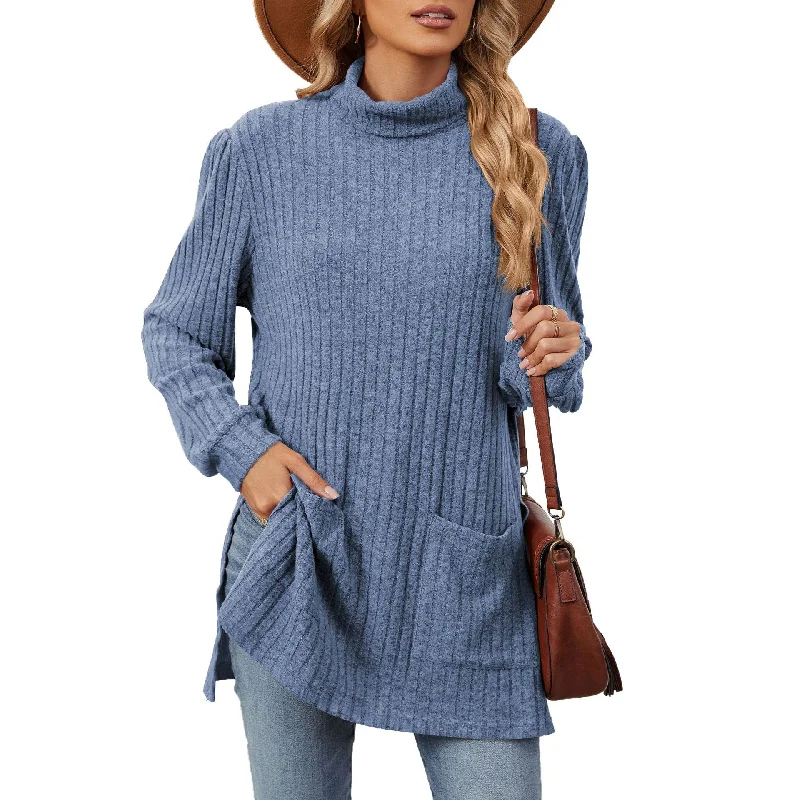 Half High Neck Long Sleeve Loose Split Pocket Sweater Wholesale Womens Clothing N3824072900065