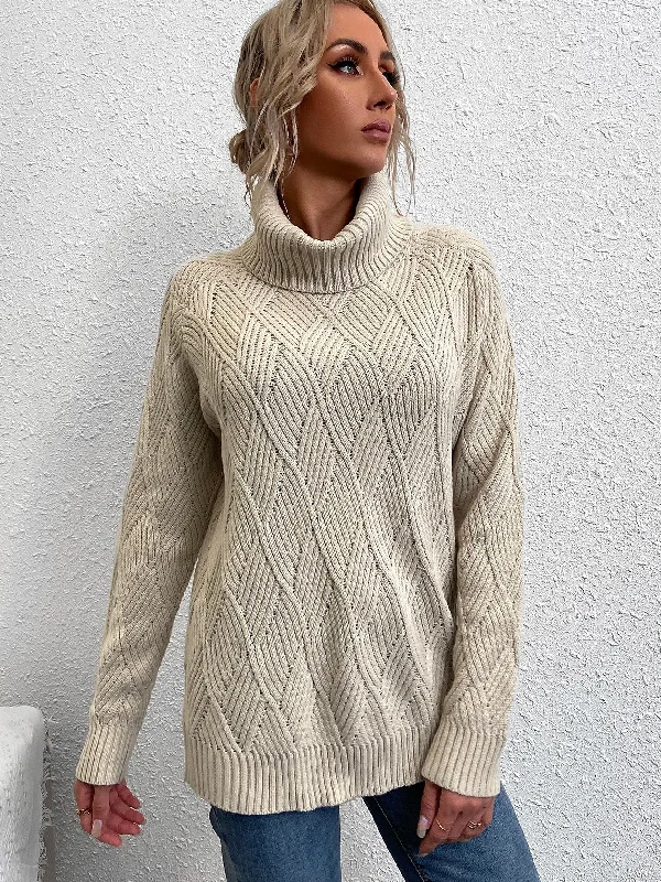 Casual Plain Long Sleeve High Neck Long Women Sweater