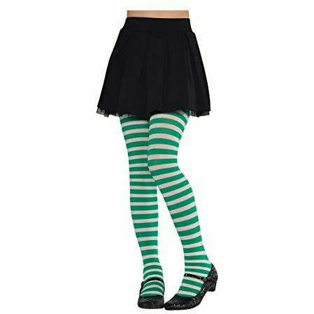 Green and White Striped Kids Tights - Child S/M