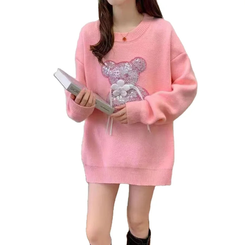 2024 early spring fashionable women new arrival round neck loose fit luxury high quality bear beading pullover sweater